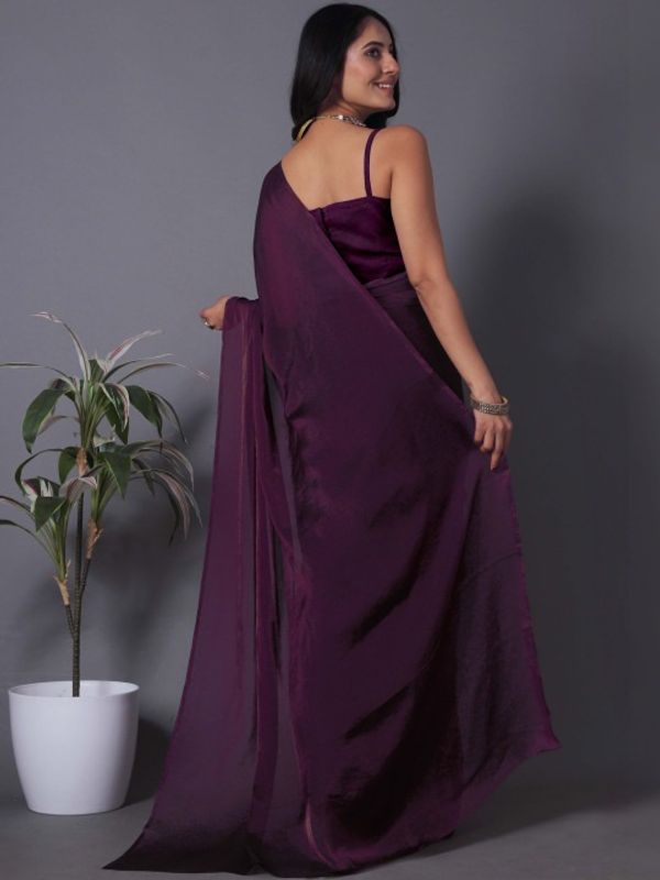 Wine Fandy Solid Saree With Blouse For Women by VARNAVI