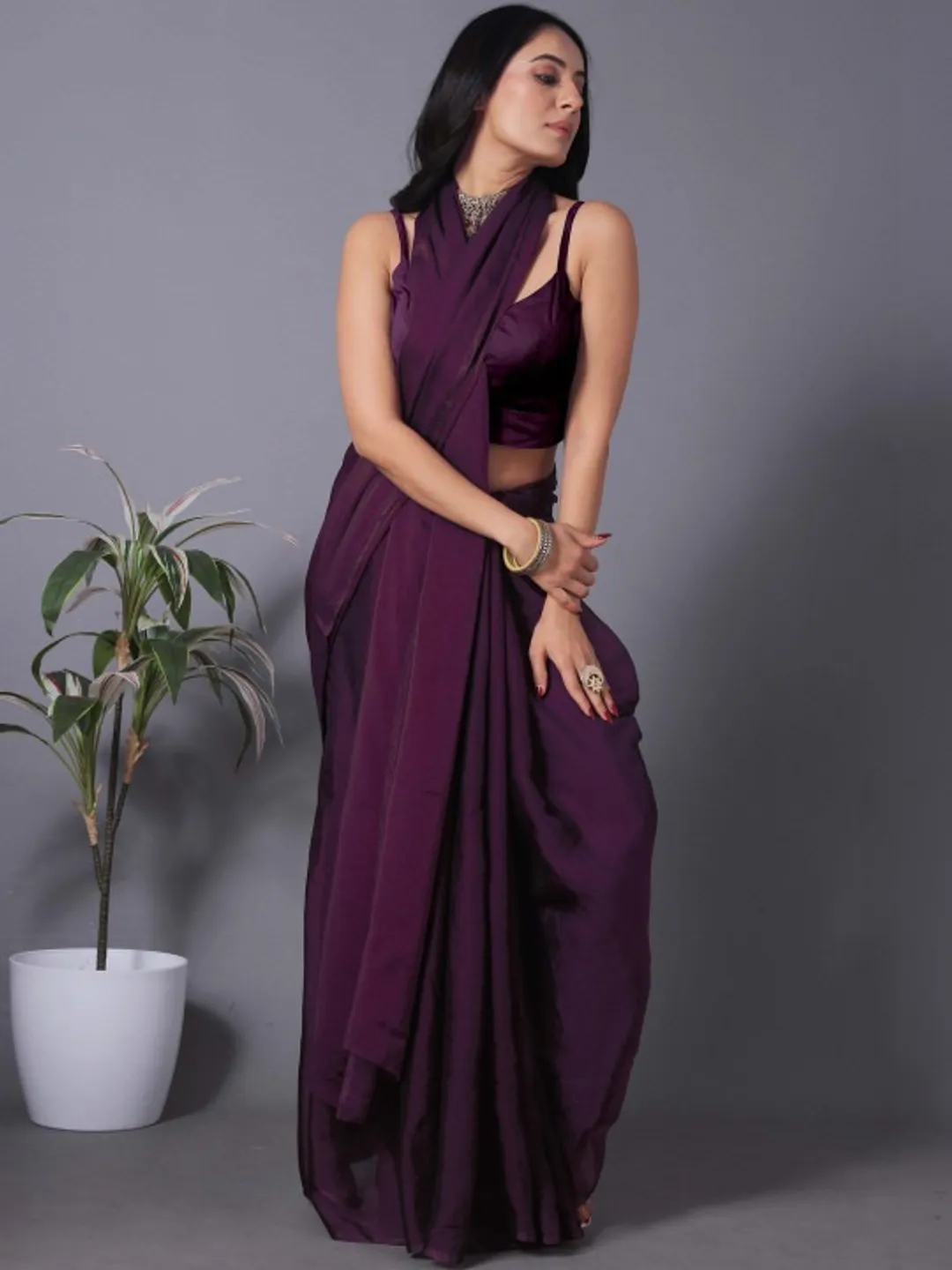 Wine Fandy Solid Saree With Blouse For Women by VARNAVI