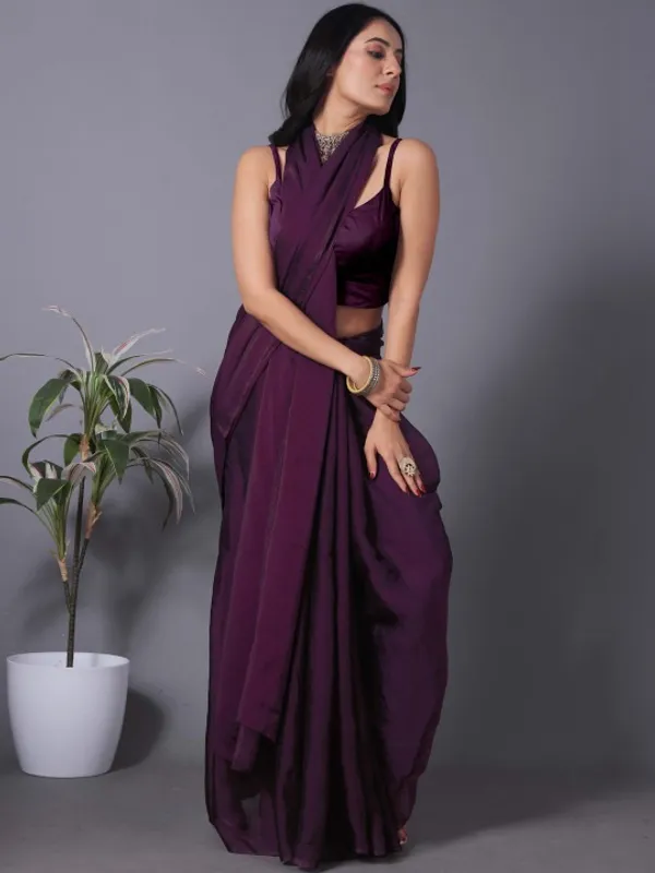 Wine Fandy Solid Saree With Blouse For Women by VARNAVI