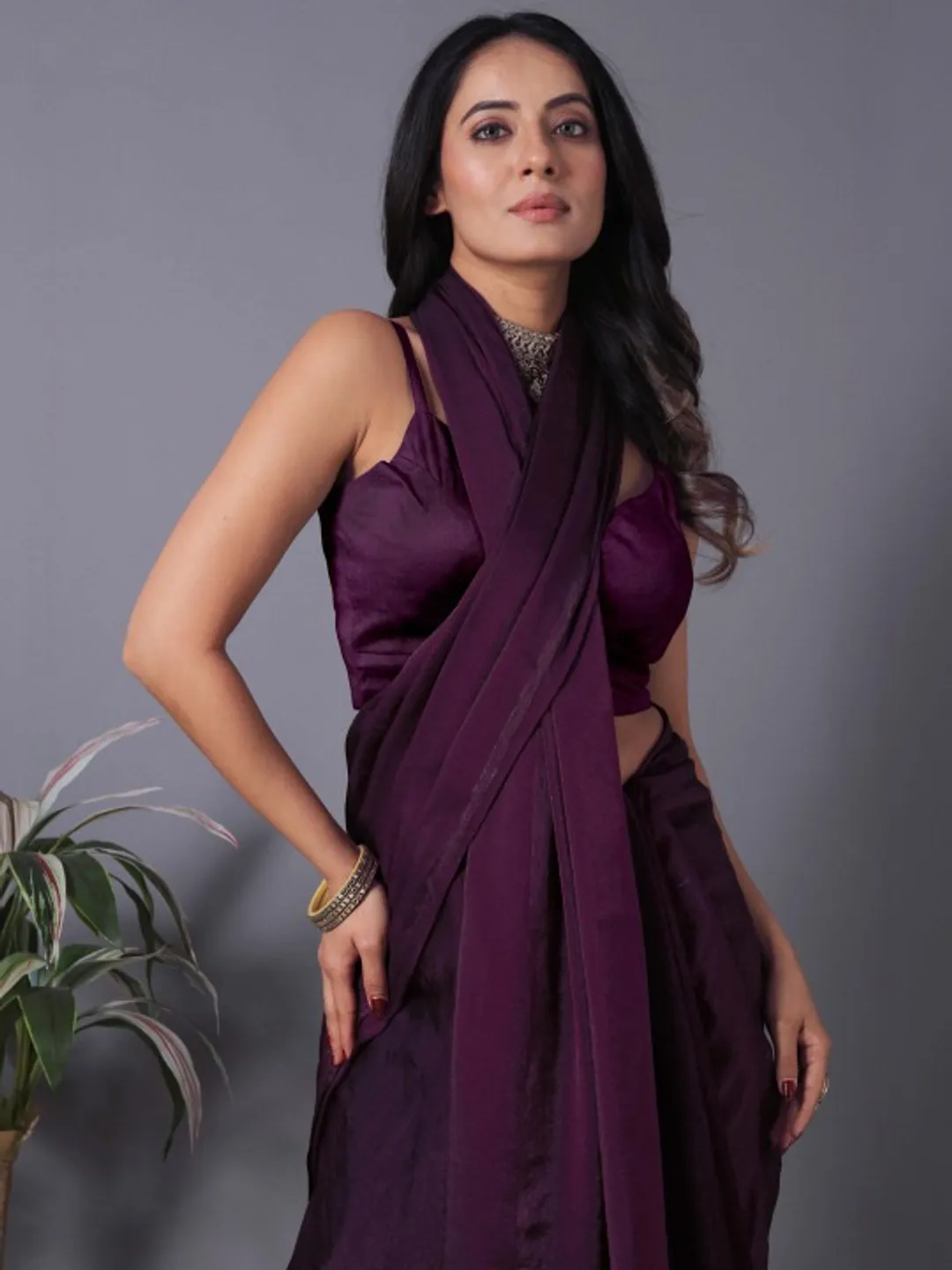 Wine Fandy Solid Saree With Blouse For Women by VARNAVI