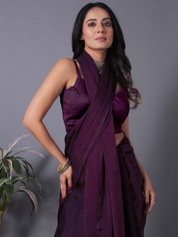 Wine Fandy Solid Saree With Blouse For Women by VARNAVI