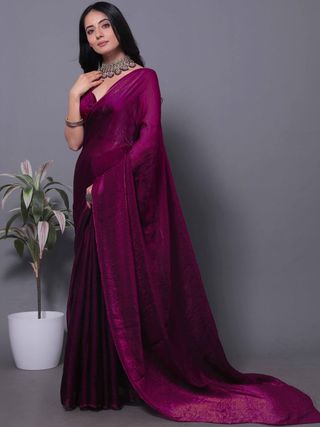 Magenta Fandy Solid Shimmer Saree With Blouse - VARNAVI