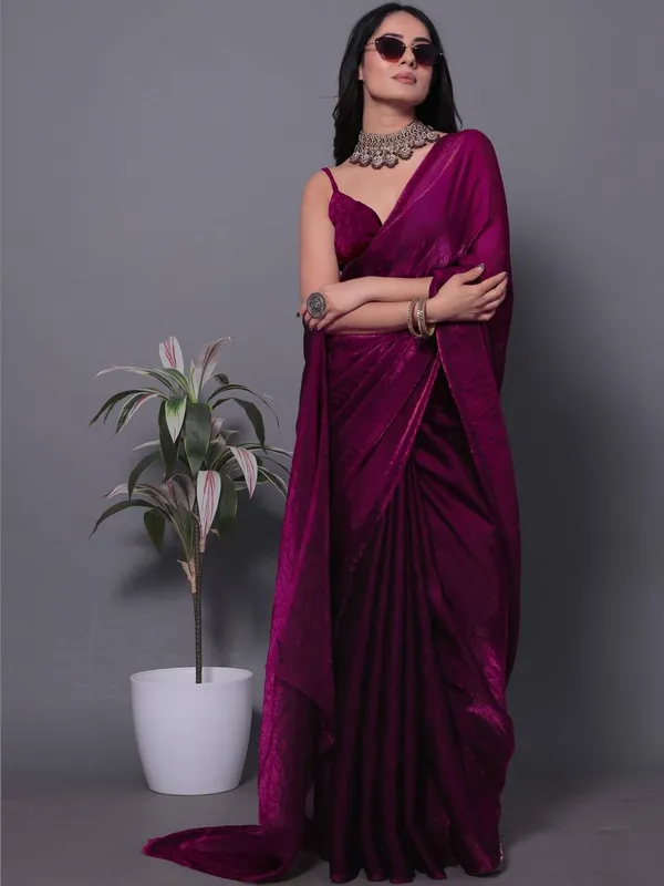 Magenta Fandy Solid Shimmer Saree With Blouse - VARNAVI