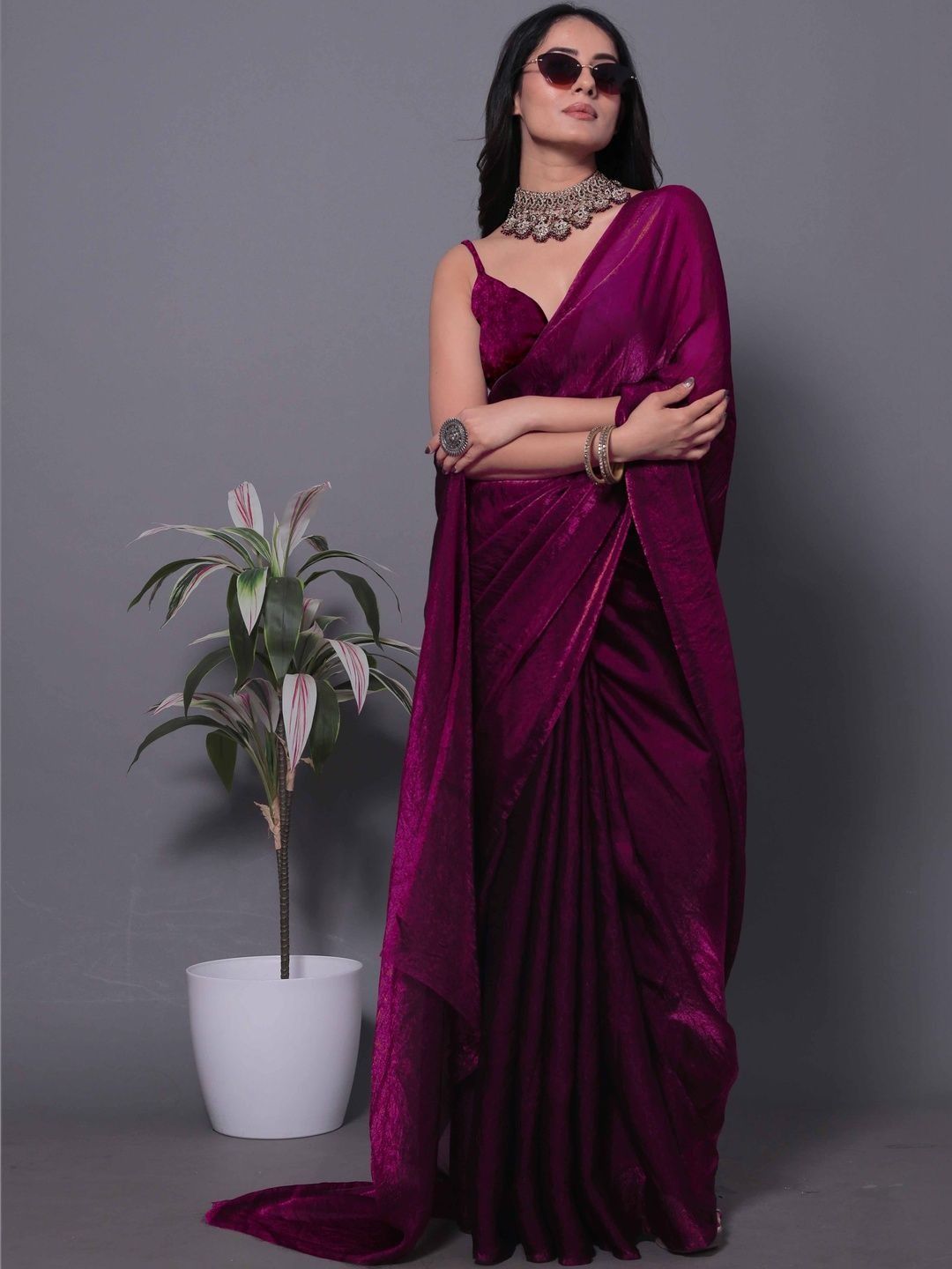 Magenta Fandy Solid Shimmer Saree With Blouse - VARNAVI