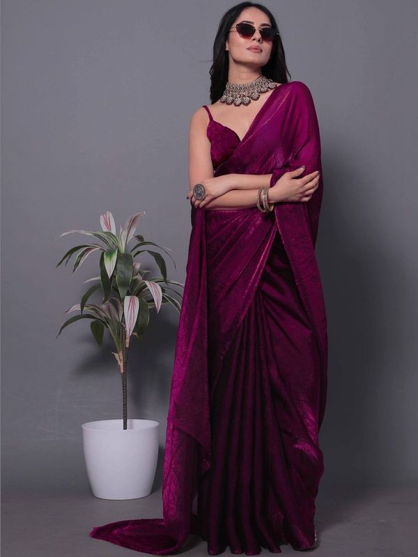 Magenta Fandy Solid Shimmer Saree With Blouse - VARNAVI