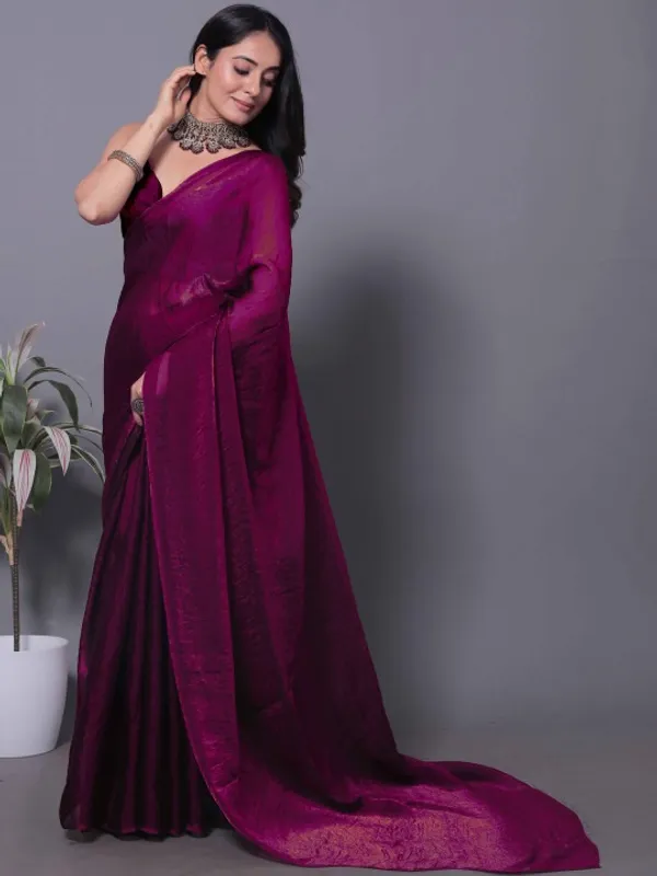 Magenta Fandy Solid Shimmer Saree With Blouse - VARNAVI