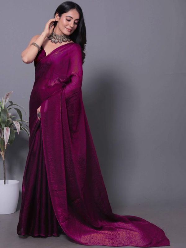 Magenta Fandy Solid Shimmer Saree With Blouse - VARNAVI