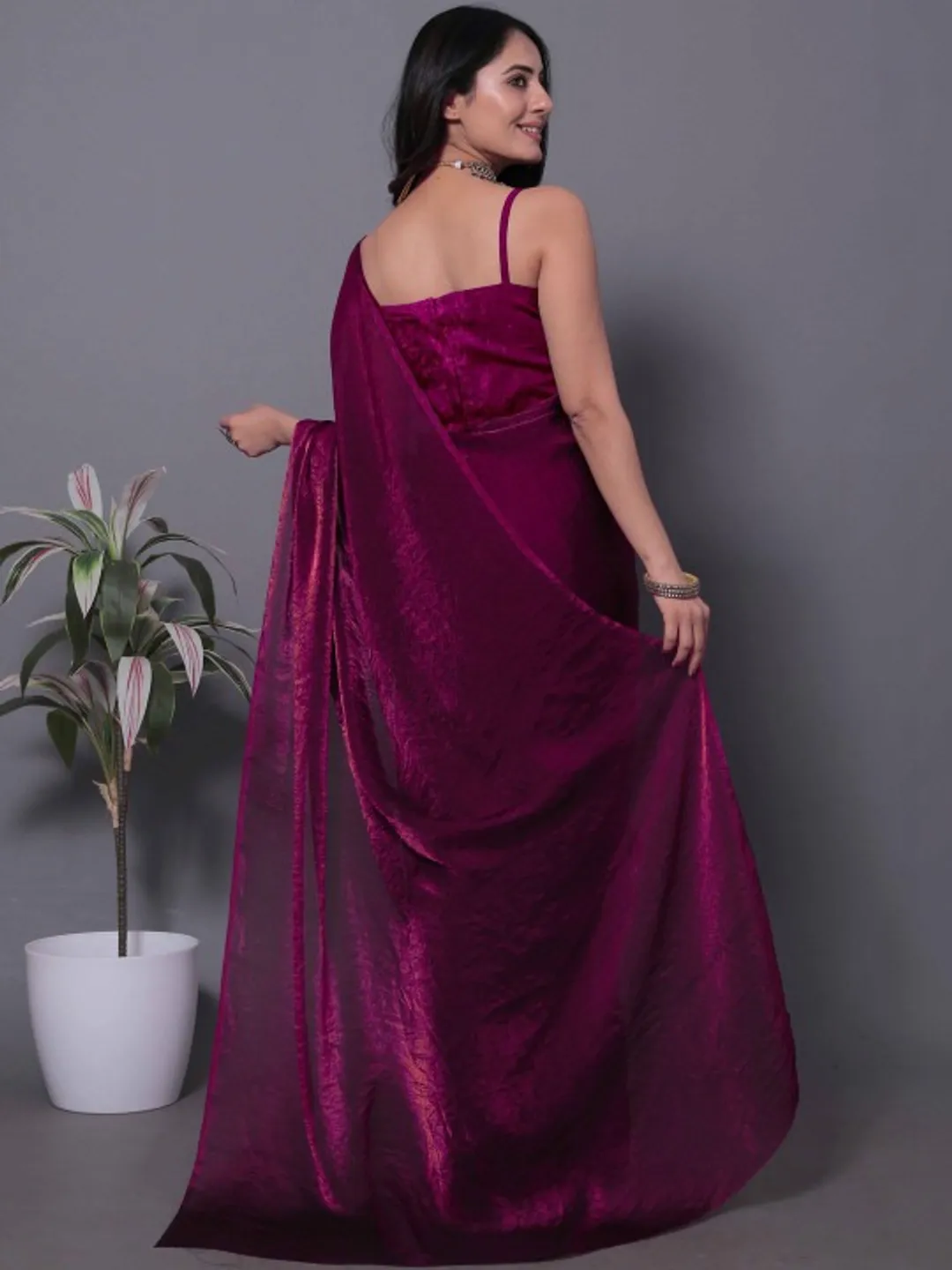 Magenta Fandy Solid Shimmer Saree With Blouse - VARNAVI