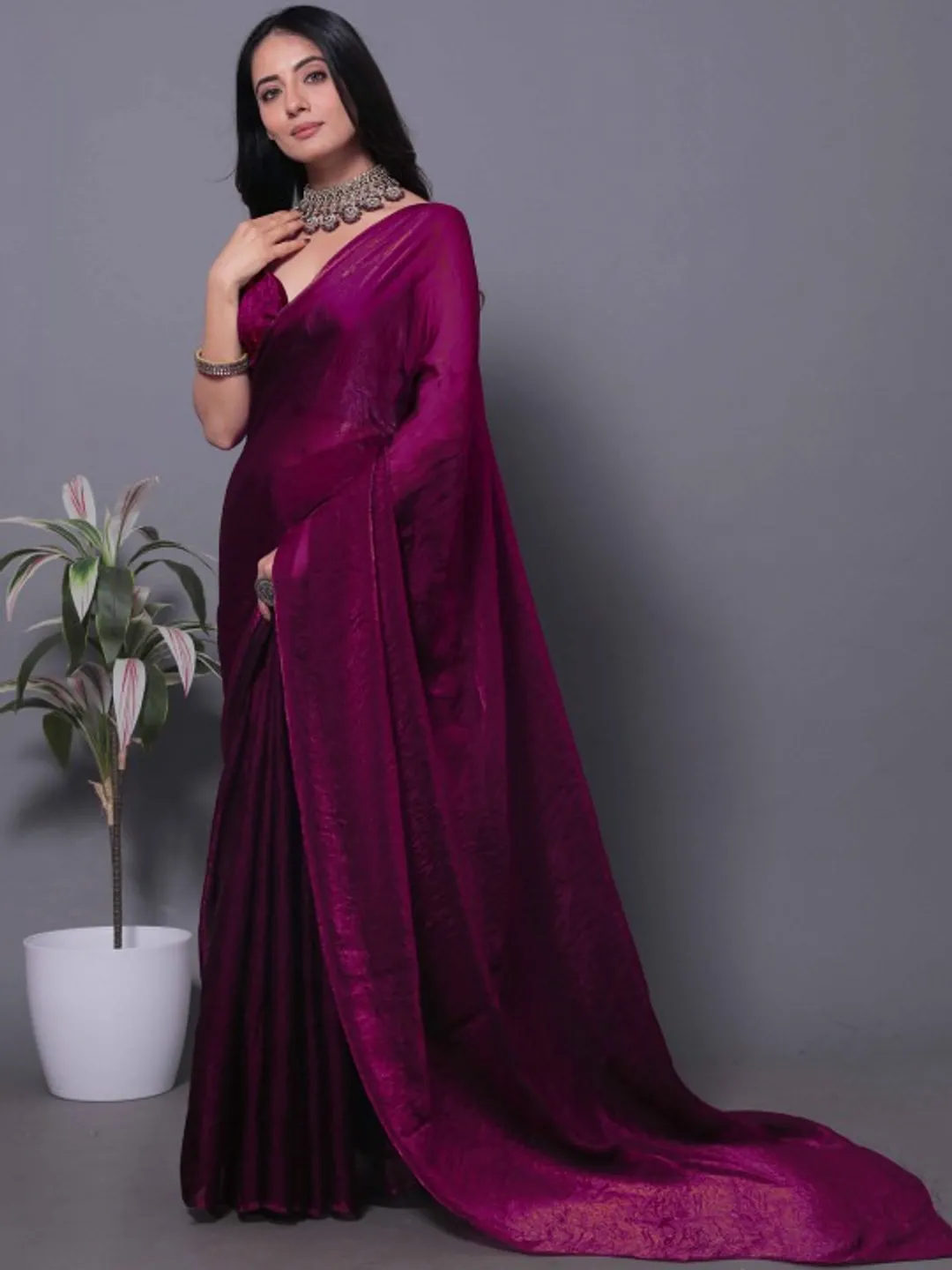 Magenta Fandy Solid Shimmer Saree With Blouse - VARNAVI