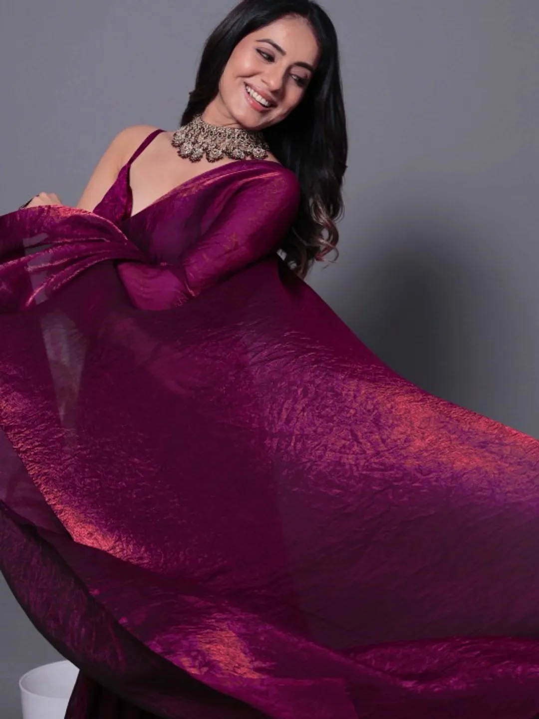 Magenta Fandy Solid Shimmer Saree With Blouse - VARNAVI