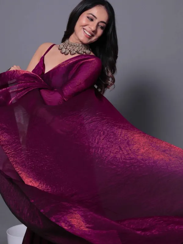 Magenta Fandy Solid Shimmer Saree With Blouse - VARNAVI