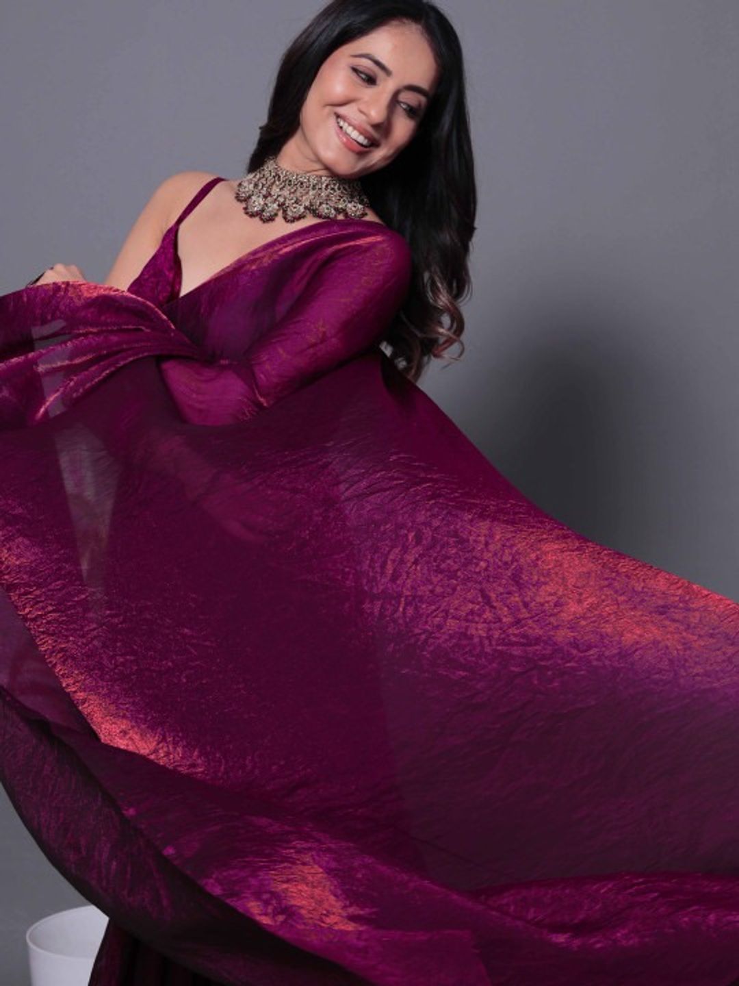 Magenta Fandy Solid Shimmer Saree With Blouse - VARNAVI
