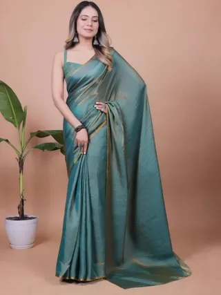 Teal Fandy Solid Saree With Blouse for Women by VARNAVI