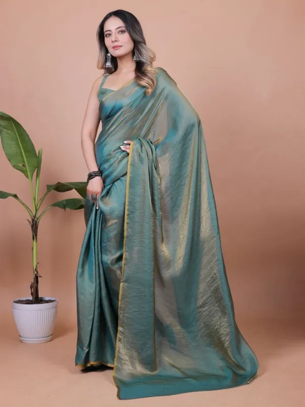 Teal Fandy Solid Saree With Blouse for Women by VARNAVI