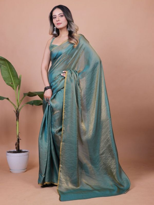 Teal Fandy Solid Saree With Blouse for Women by VARNAVI