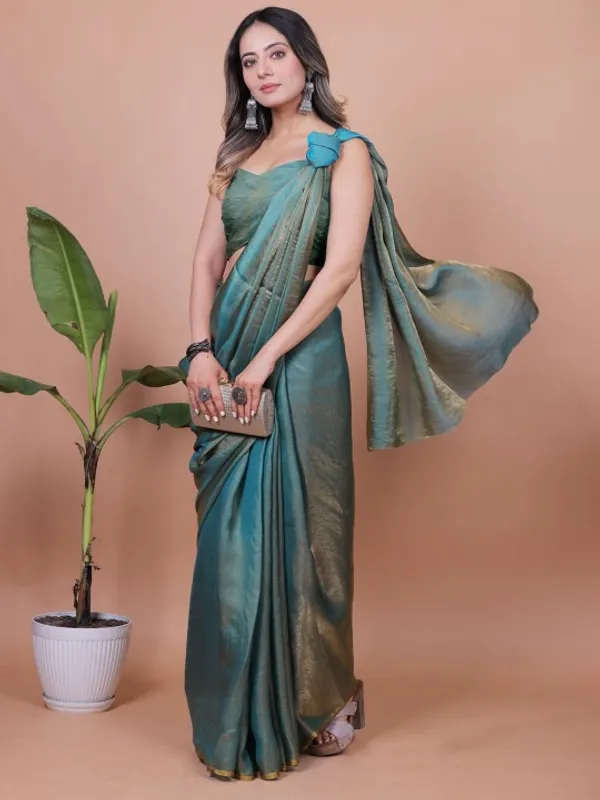 Teal Fandy Solid Saree With Blouse for Women by VARNAVI