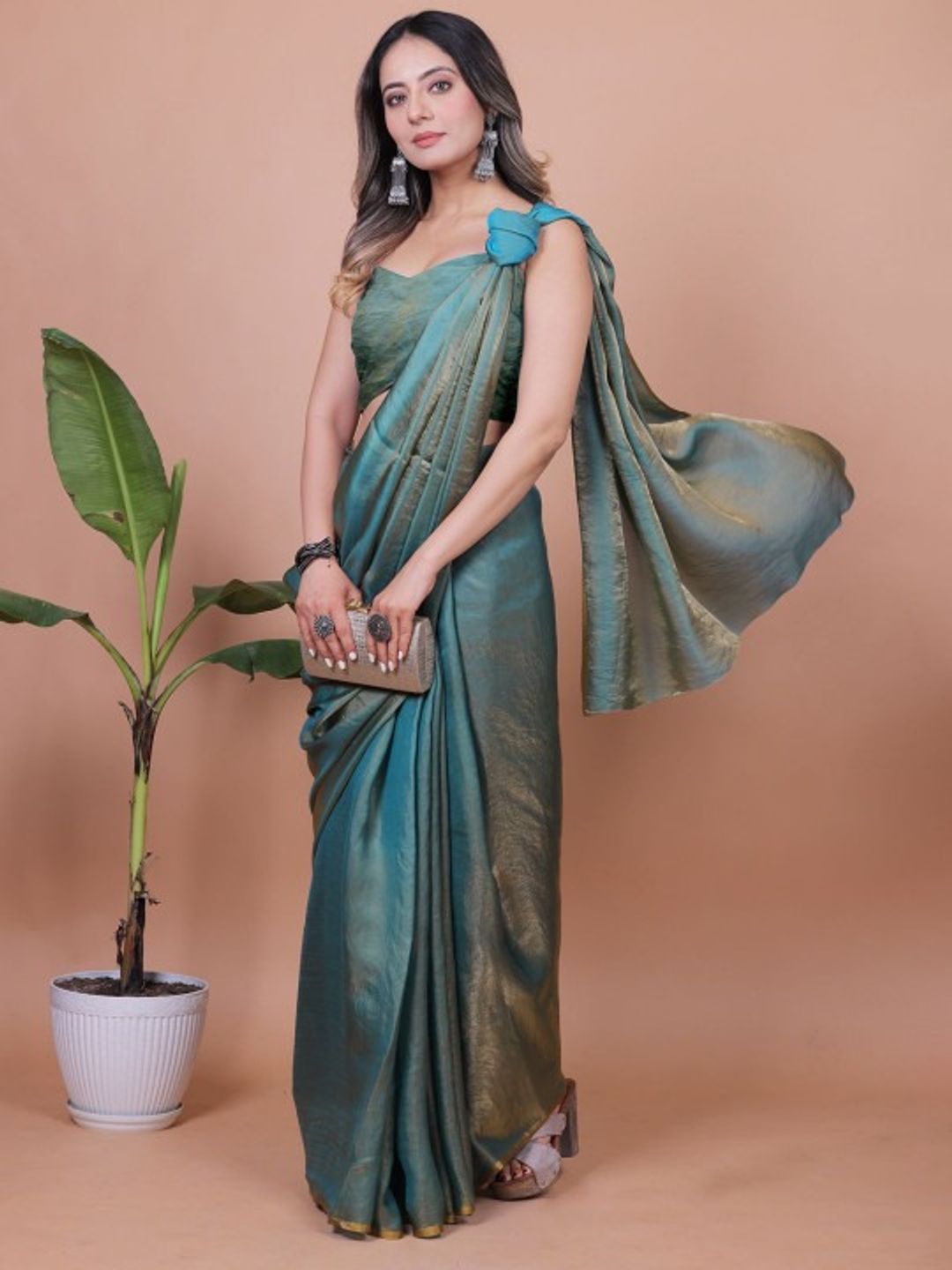 Teal Fandy Solid Saree With Blouse for Women by VARNAVI
