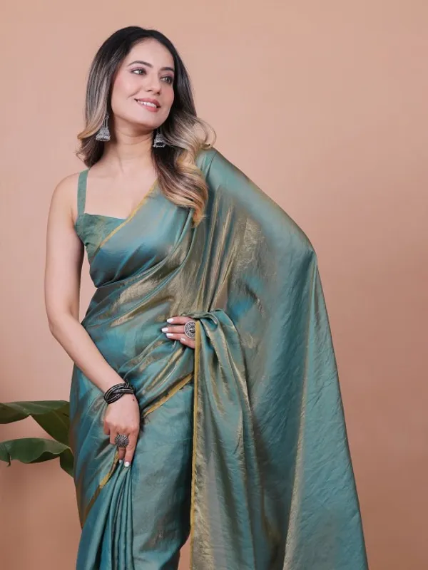 Teal Fandy Solid Saree With Blouse for Women by VARNAVI