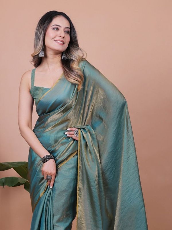 Teal Fandy Solid Saree With Blouse for Women by VARNAVI