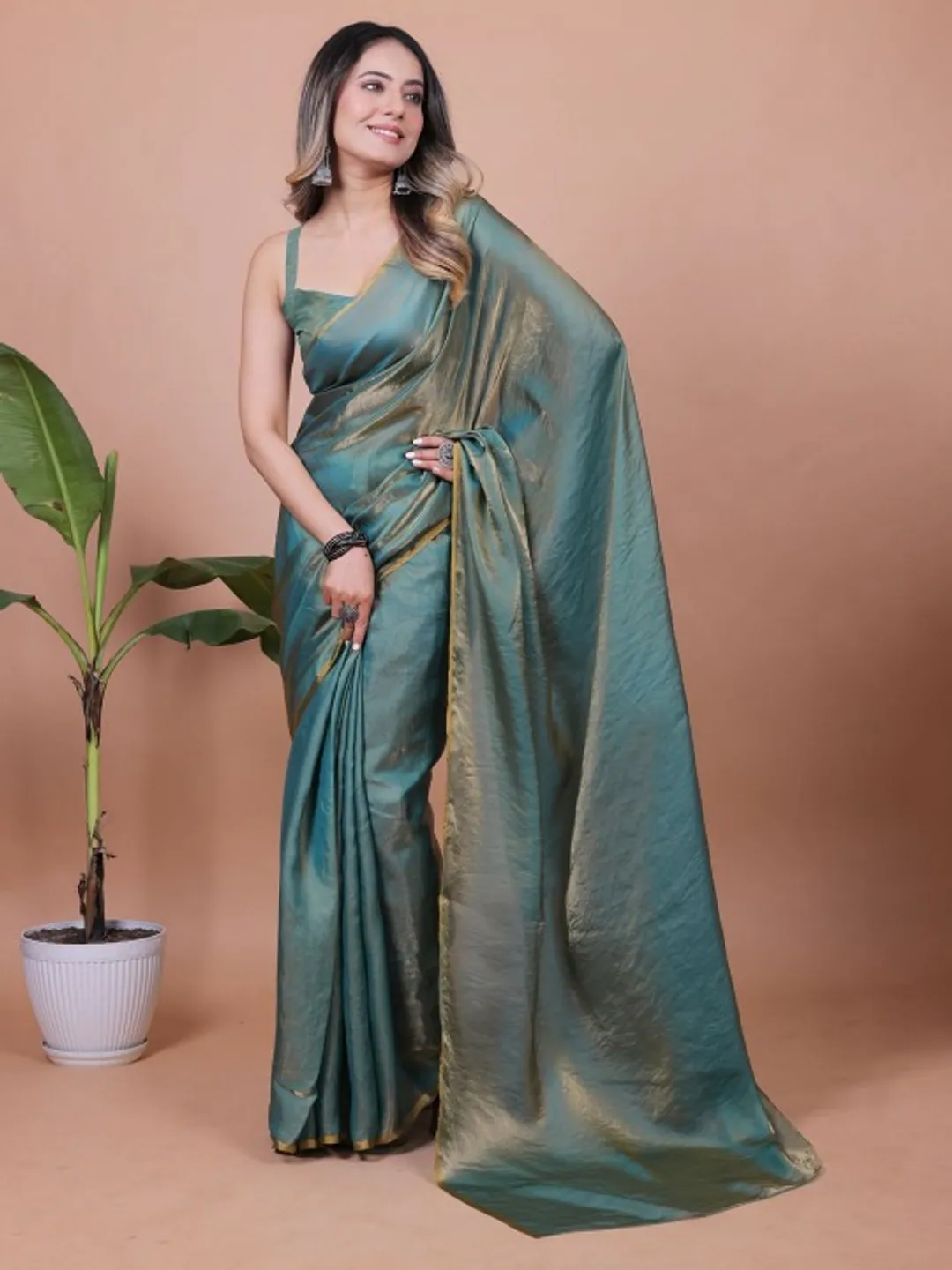 Teal Fandy Solid Saree With Blouse for Women by VARNAVI