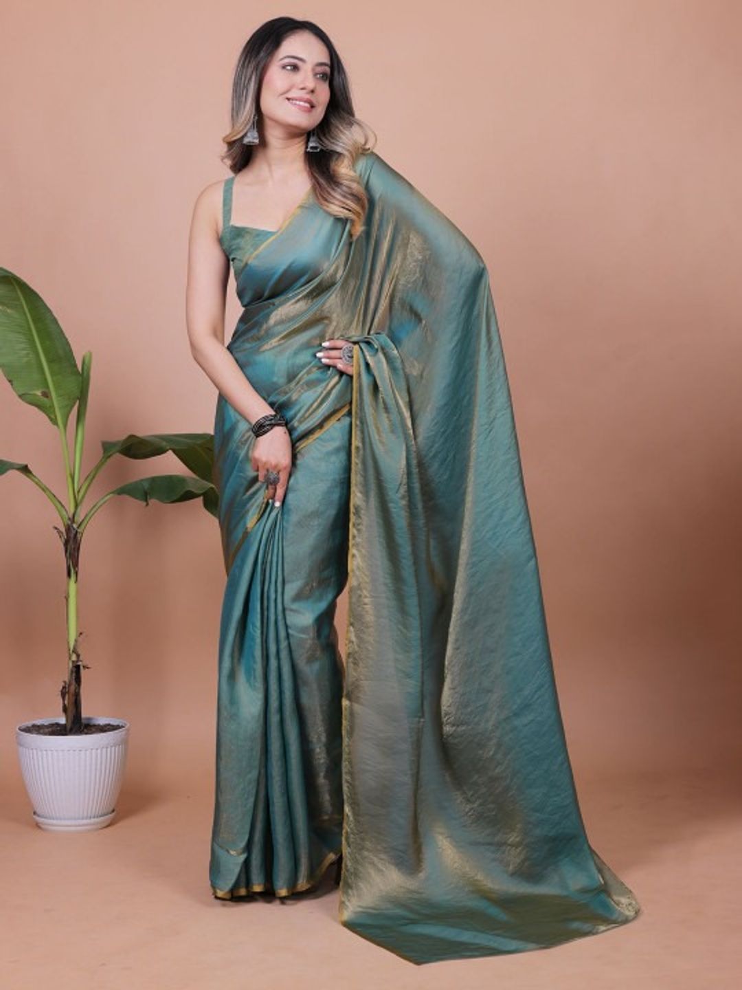Teal Fandy Solid Saree With Blouse for Women by VARNAVI