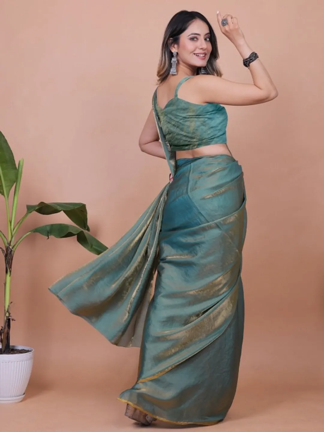 Teal Fandy Solid Saree With Blouse for Women by VARNAVI