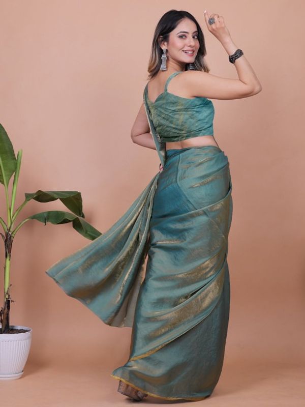 Teal Fandy Solid Saree With Blouse for Women by VARNAVI