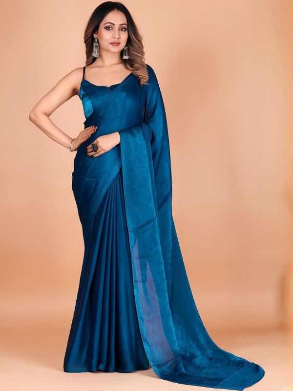 Teal Fandy Solid Saree With Blouse for Women by VARNAVI