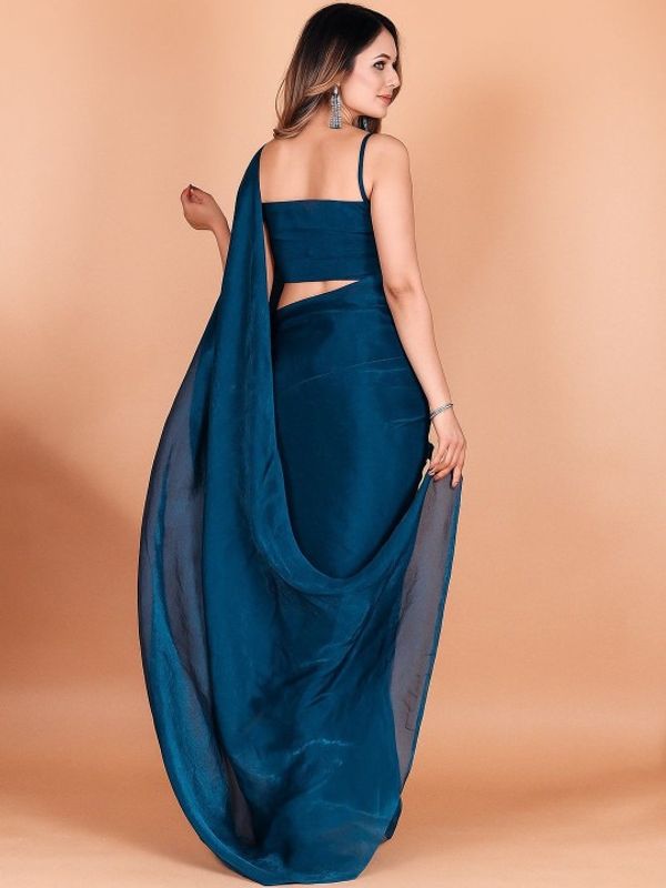 Teal Fandy Solid Saree With Blouse for Women by VARNAVI