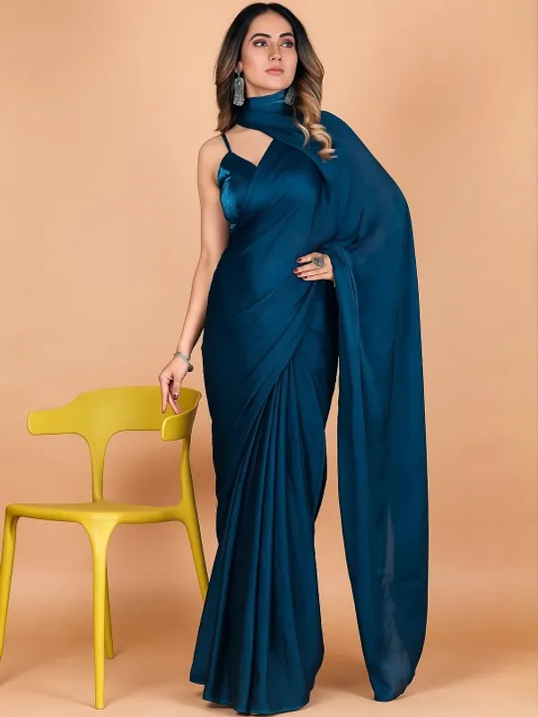 Teal Fandy Solid Saree With Blouse for Women by VARNAVI
