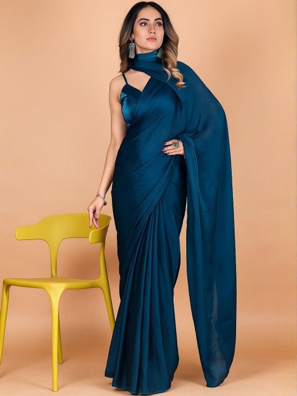 Teal Fandy Solid Saree With Blouse for Women by VARNAVI