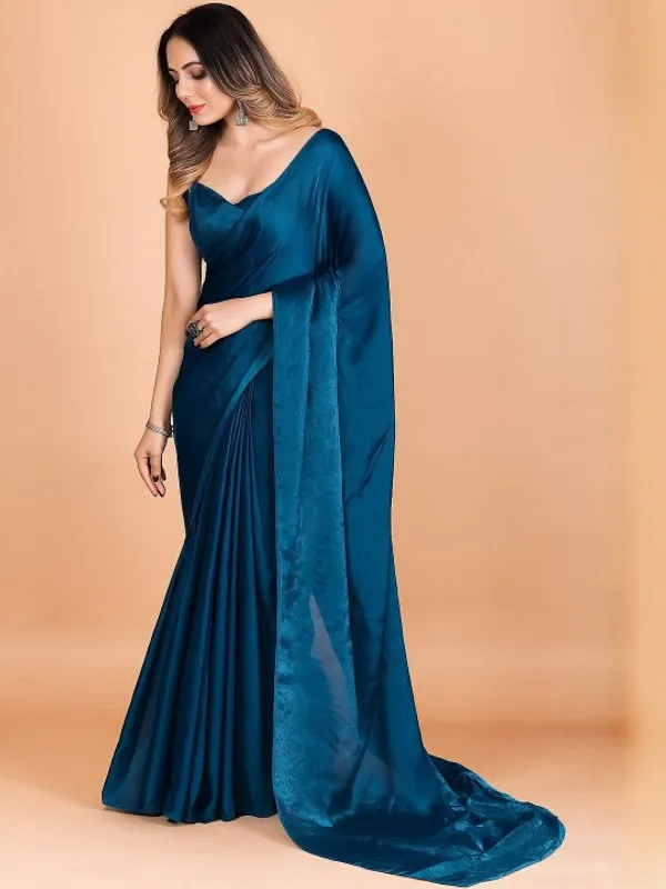 Teal Fandy Solid Saree With Blouse for Women by VARNAVI