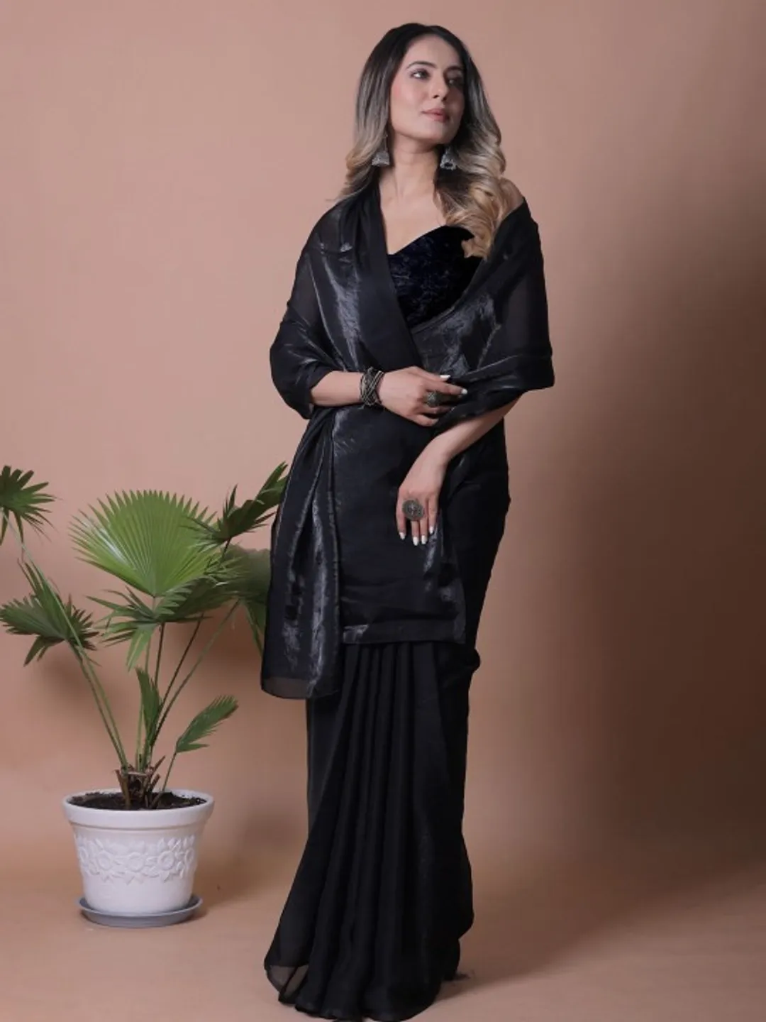 Black Fandy Solid Saree With Blouse for Women - VARNAVI