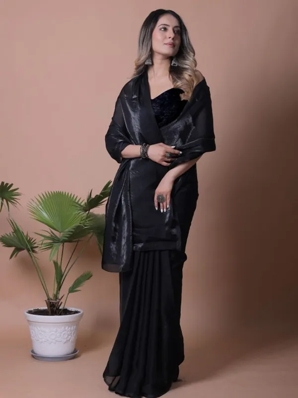 Black Fandy Solid Saree With Blouse for Women - VARNAVI