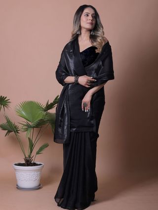 Black Fandy Solid Saree With Blouse for Women - VARNAVI