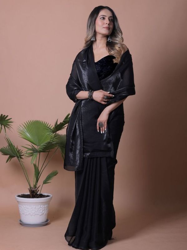 Black Fandy Solid Saree With Blouse for Women - VARNAVI