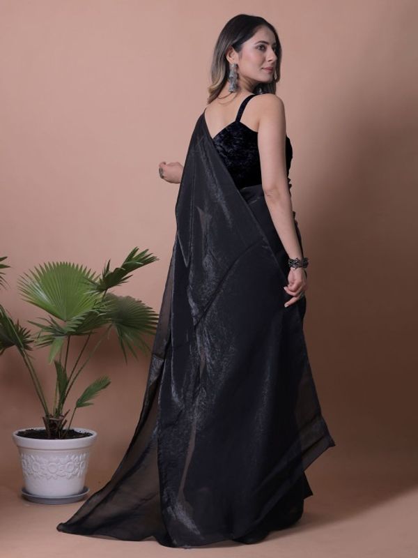 Black Fandy Solid Saree With Blouse for Women - VARNAVI