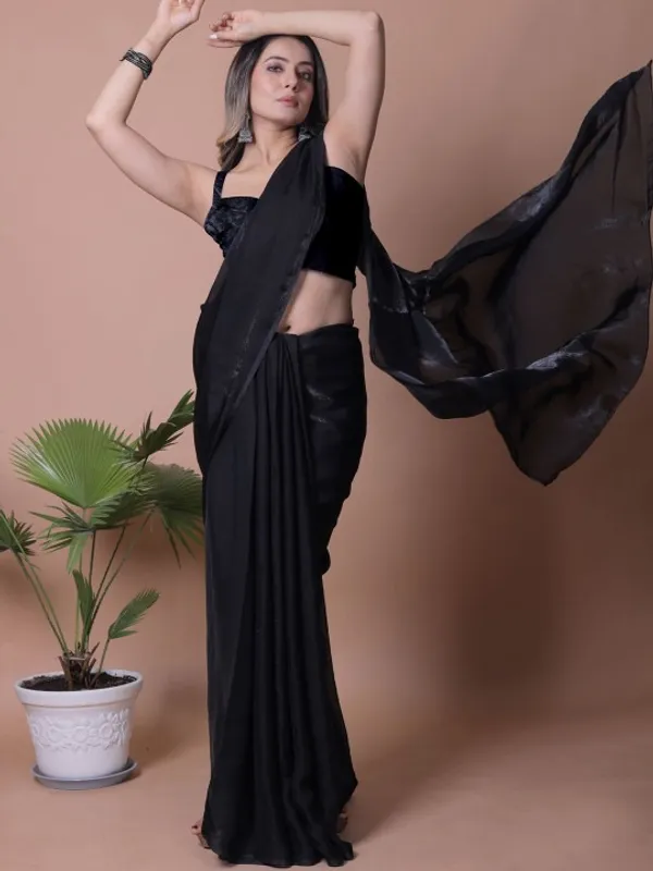 Black Fandy Solid Saree With Blouse for Women - VARNAVI