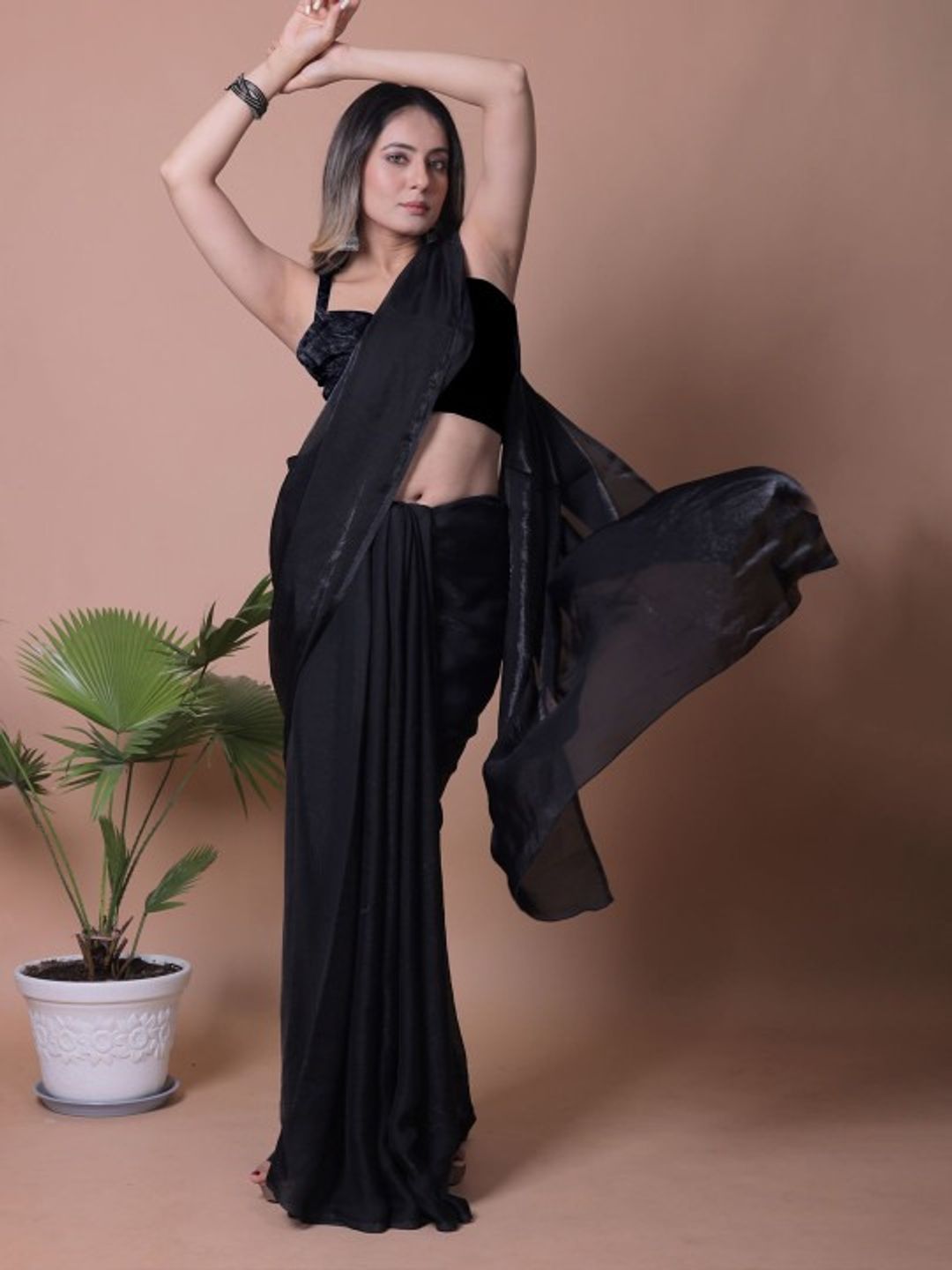 Black Fandy Solid Saree With Blouse for Women - VARNAVI