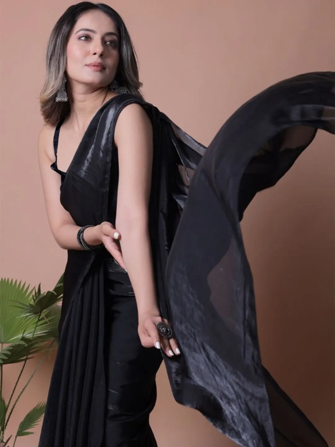 Black Fandy Solid Saree With Blouse for Women - VARNAVI
