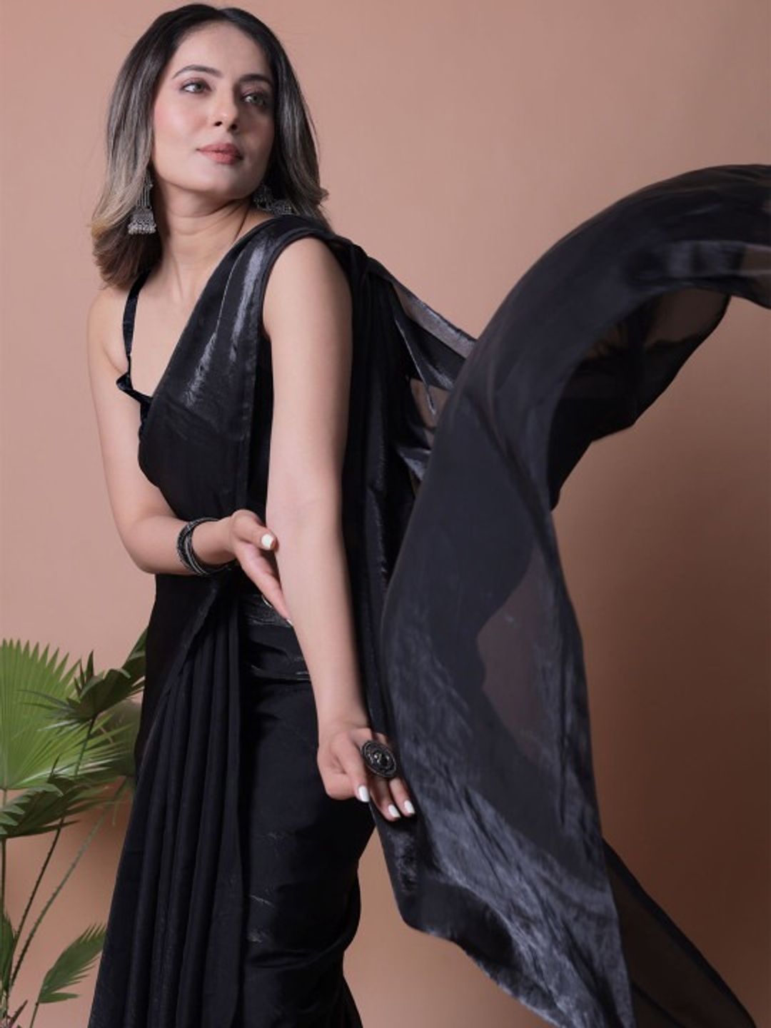 Black Fandy Solid Saree With Blouse for Women - VARNAVI
