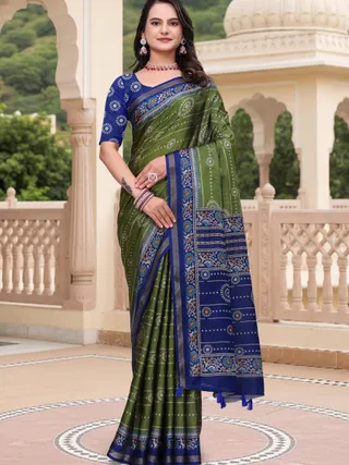 Green Mal Cotton Printed Saree For Women - VARNAVI