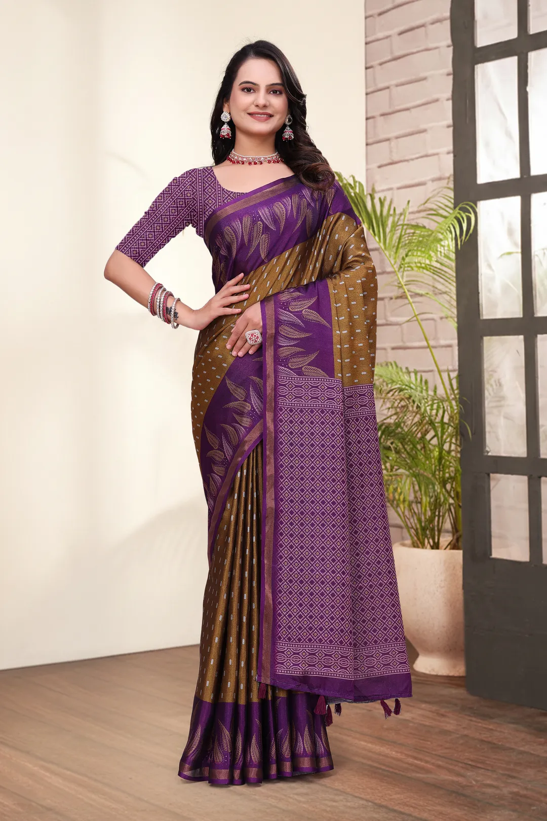 Purple Mal Cotton Printed Saree & Blouse Set - VARNAVI