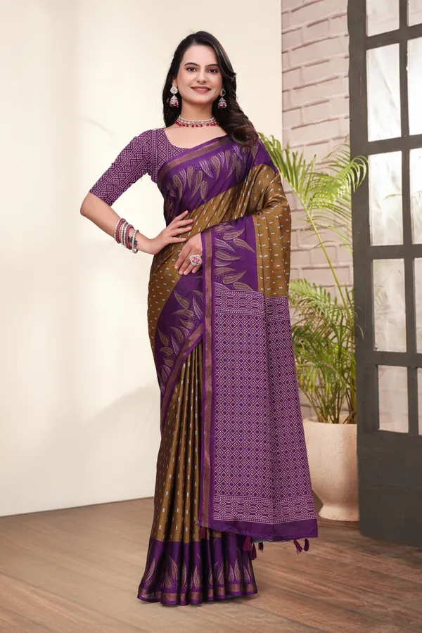 Purple Mal Cotton Printed Saree & Blouse Set - VARNAVI