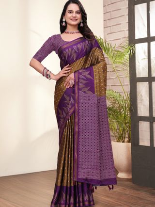 Purple Mal Cotton Printed Saree & Blouse Set - VARNAVI