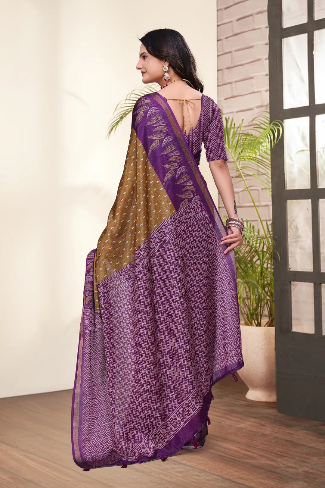 Purple Mal Cotton Printed Saree & Blouse Set - VARNAVI