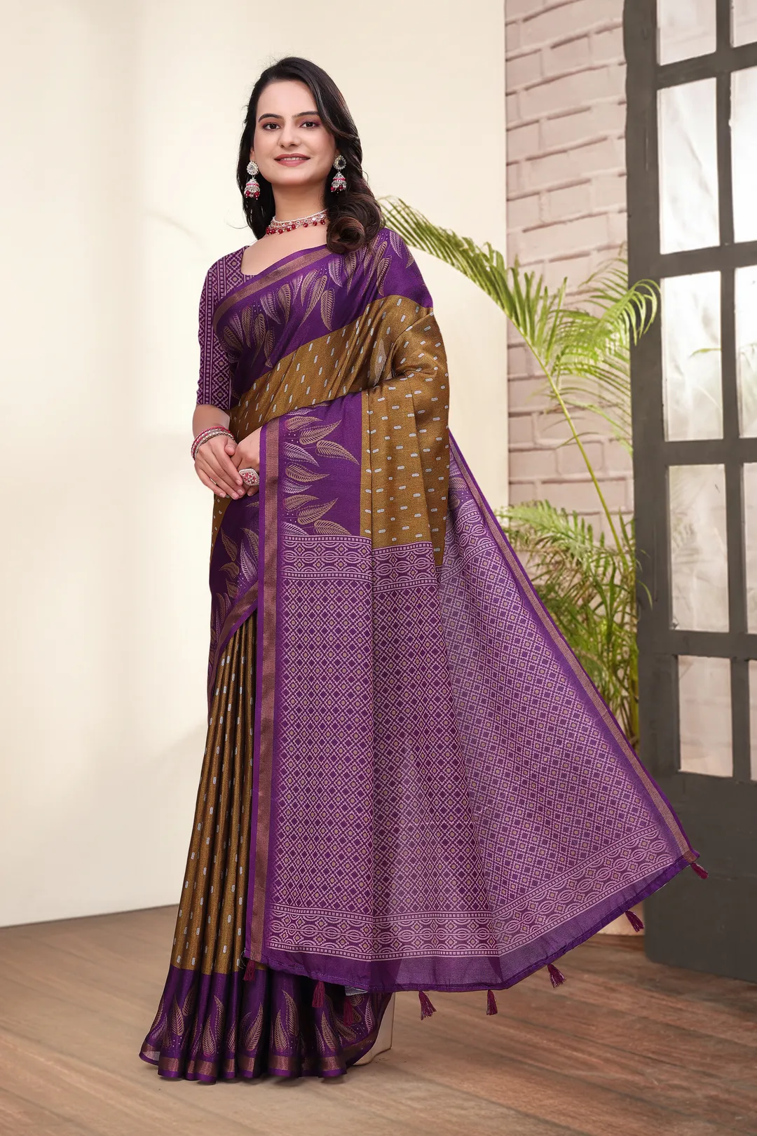Purple Mal Cotton Printed Saree & Blouse Set - VARNAVI
