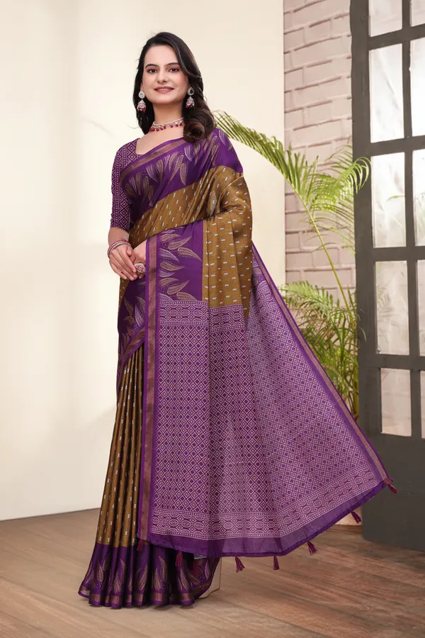 Purple Mal Cotton Printed Saree & Blouse Set - VARNAVI