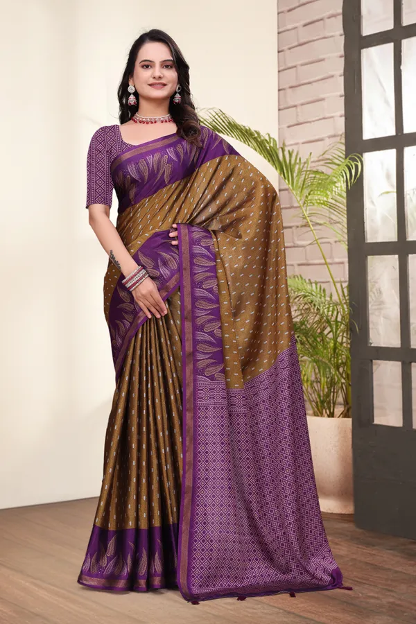 Purple Mal Cotton Printed Saree & Blouse Set - VARNAVI