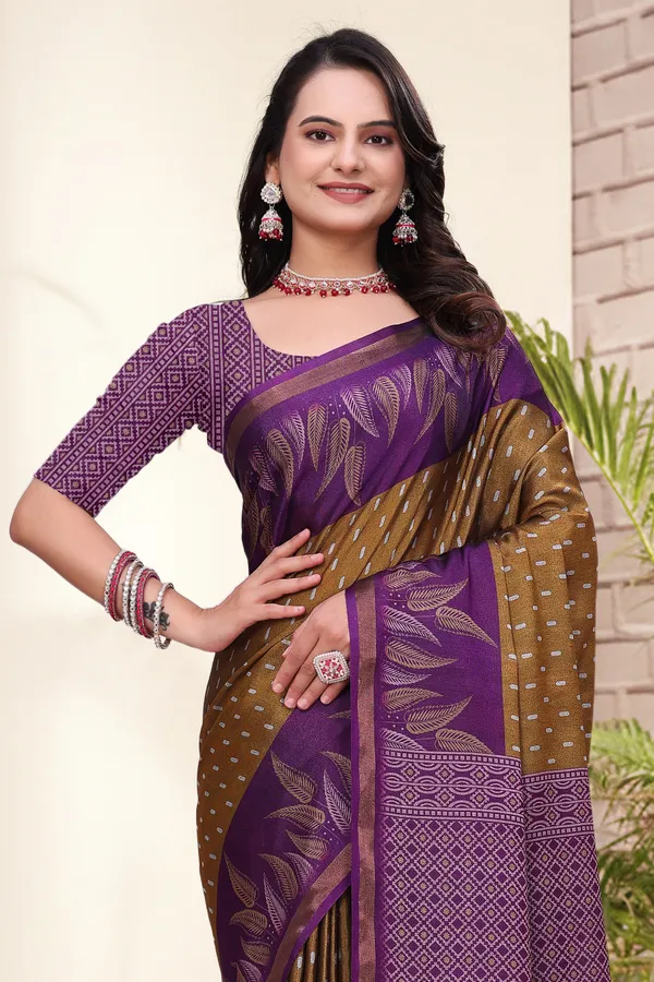 Purple Mal Cotton Printed Saree & Blouse Set - VARNAVI